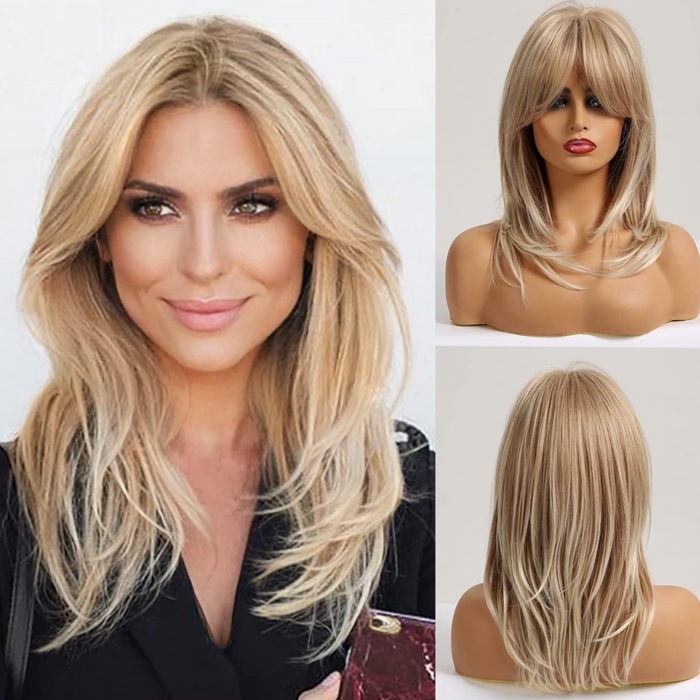 NEW Blonde Long Wig w/Bangs 18 Inches Ombre Synthetic Layered, Cap Included